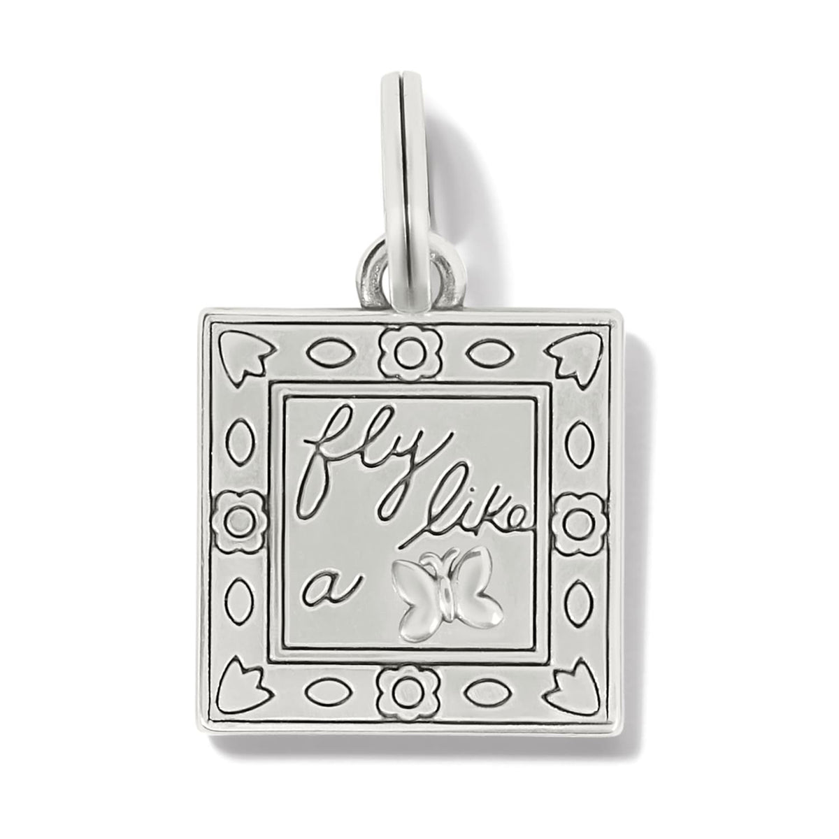 Brighton square charm with silver-plated finish, floral border, and engraved fly like a butterfly design on a white background