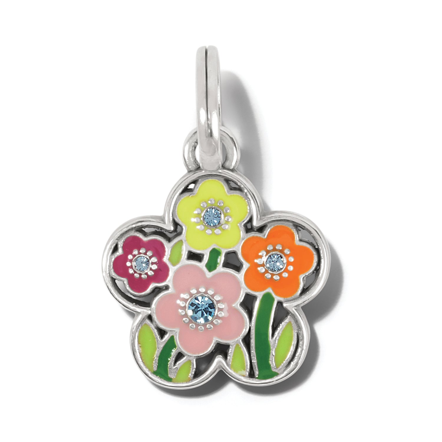 Brighton flower charm with pink, yellow, orange, and magenta enamel blossoms, crystal centers, silver-plated finish on a white background
