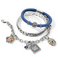 Brighton silver-plated bracelets with blue leather band, scroll bangle, and enamel floral butterfly charms on a white background