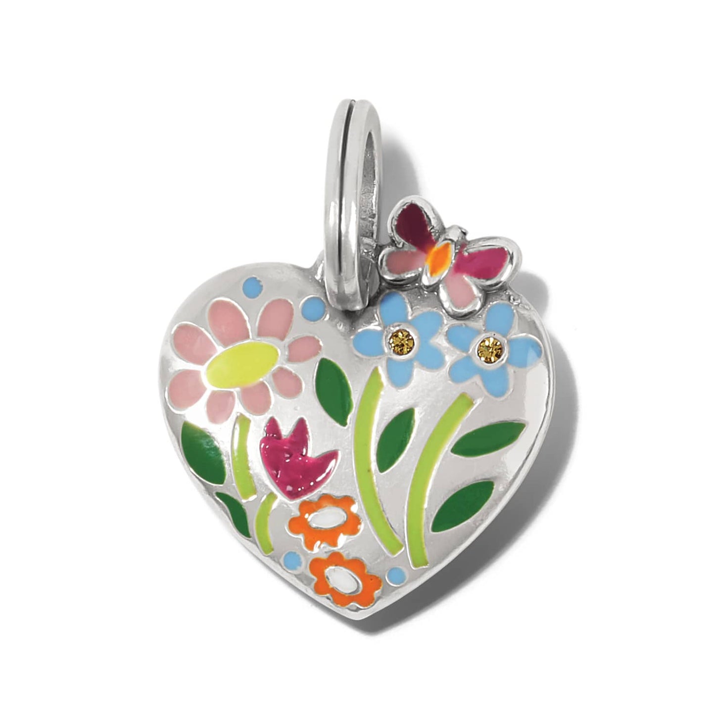 Brighton silver-plated heart charm with enamel floral design, butterfly accent, and crystal details on a white background