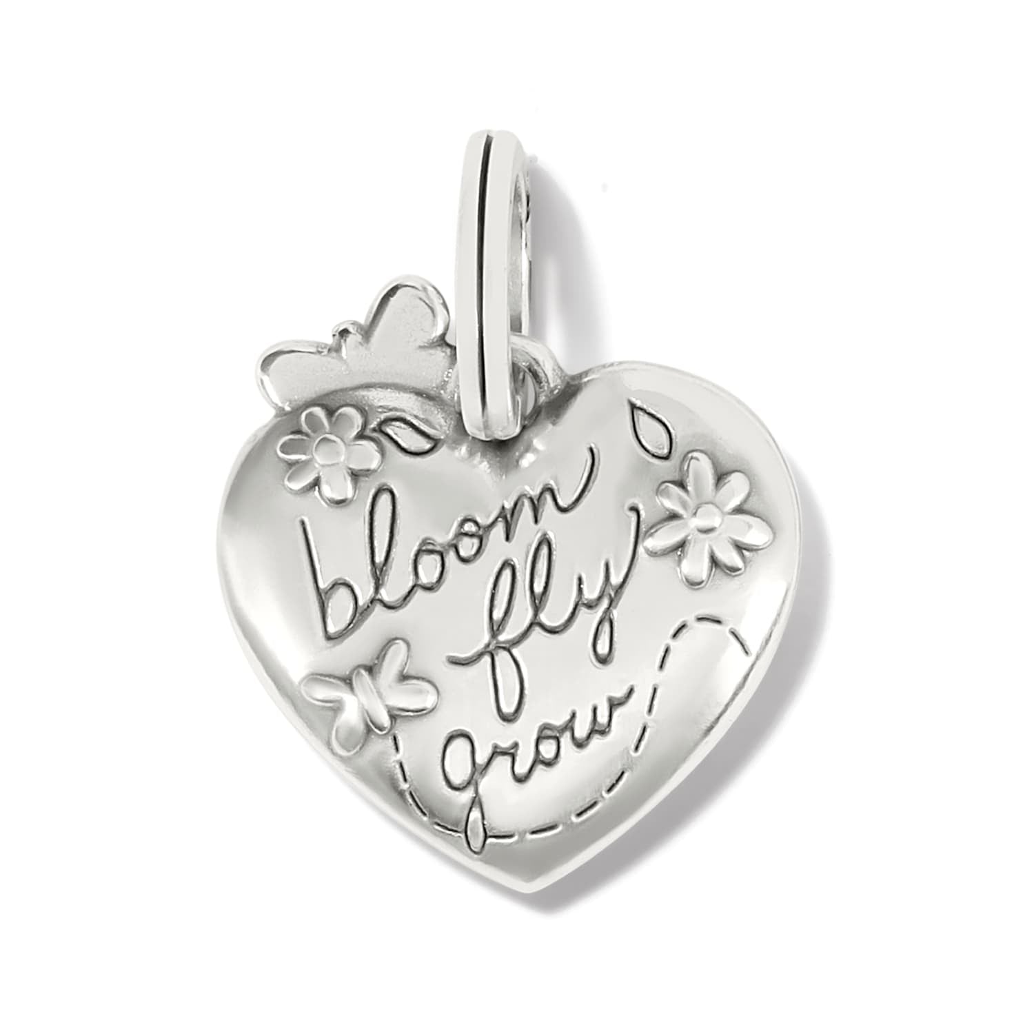 Brighton heart charm with silver-plated finish, engraved bloom fly grow text, flowers, and butterfly on white background
