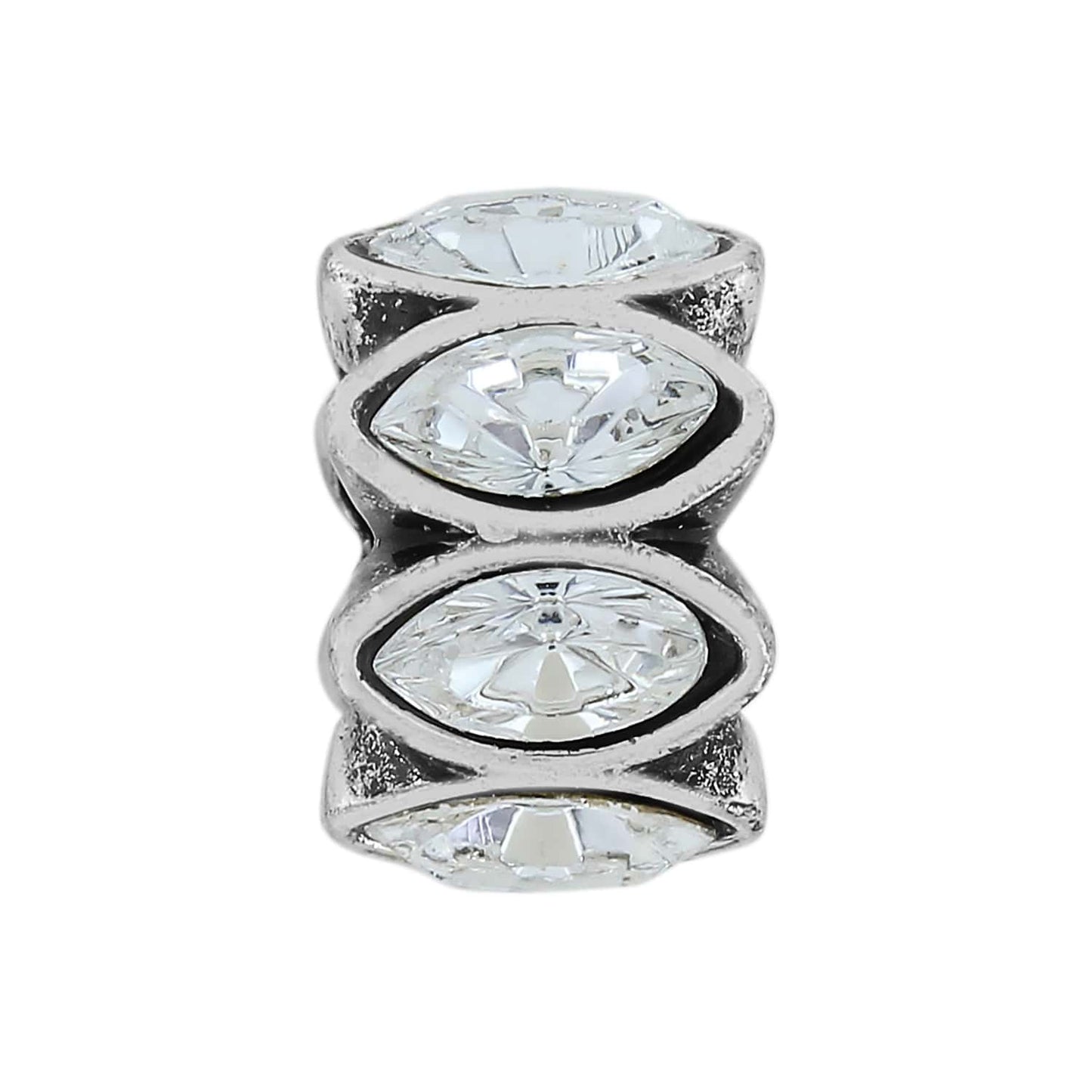 Brighton silver-plated spacer bead with marquise-cut crystals set around a banded metal band on a white background