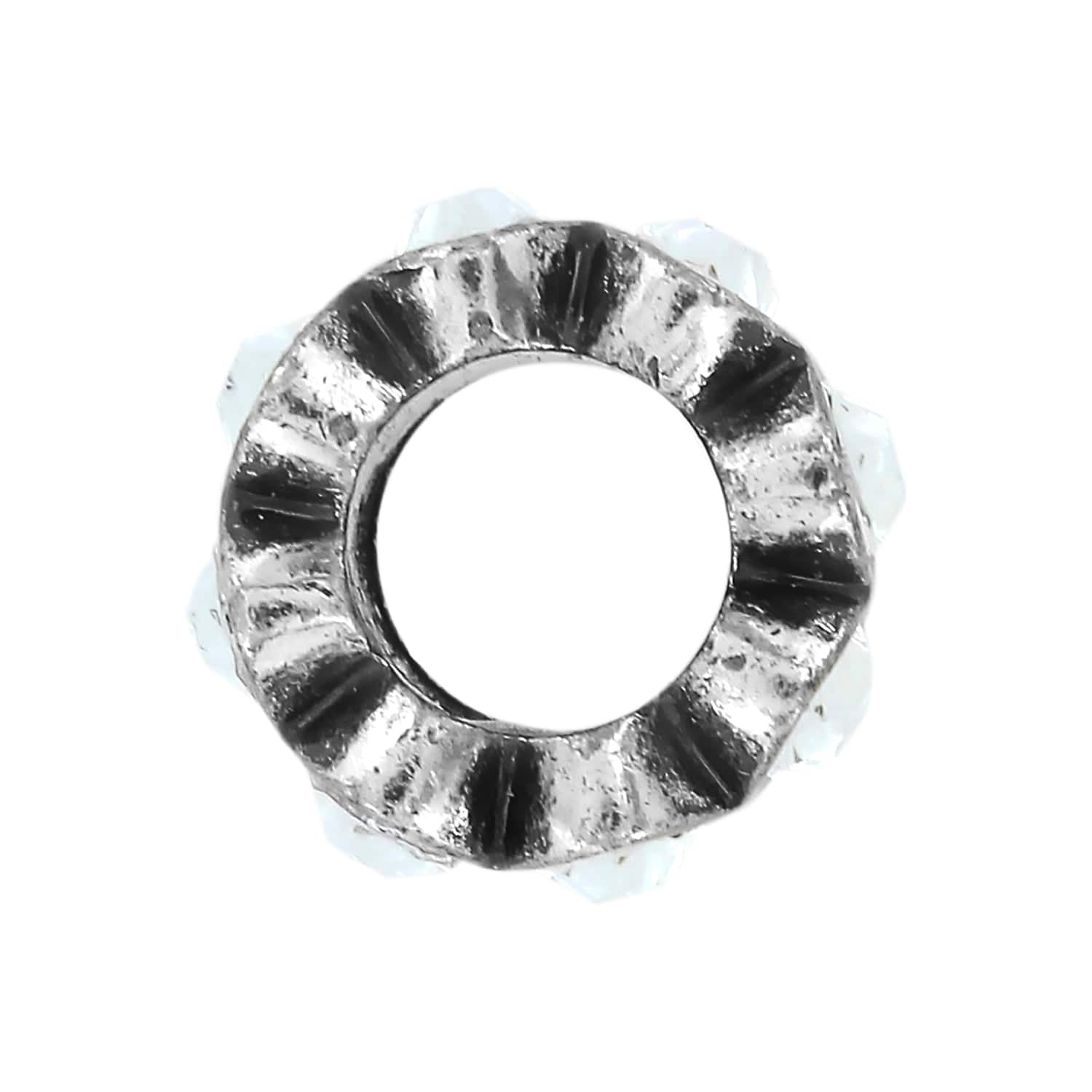 Close-up of Brighton silver-plated bead component with ridged textured ring and faceted crystal accents around the edge
