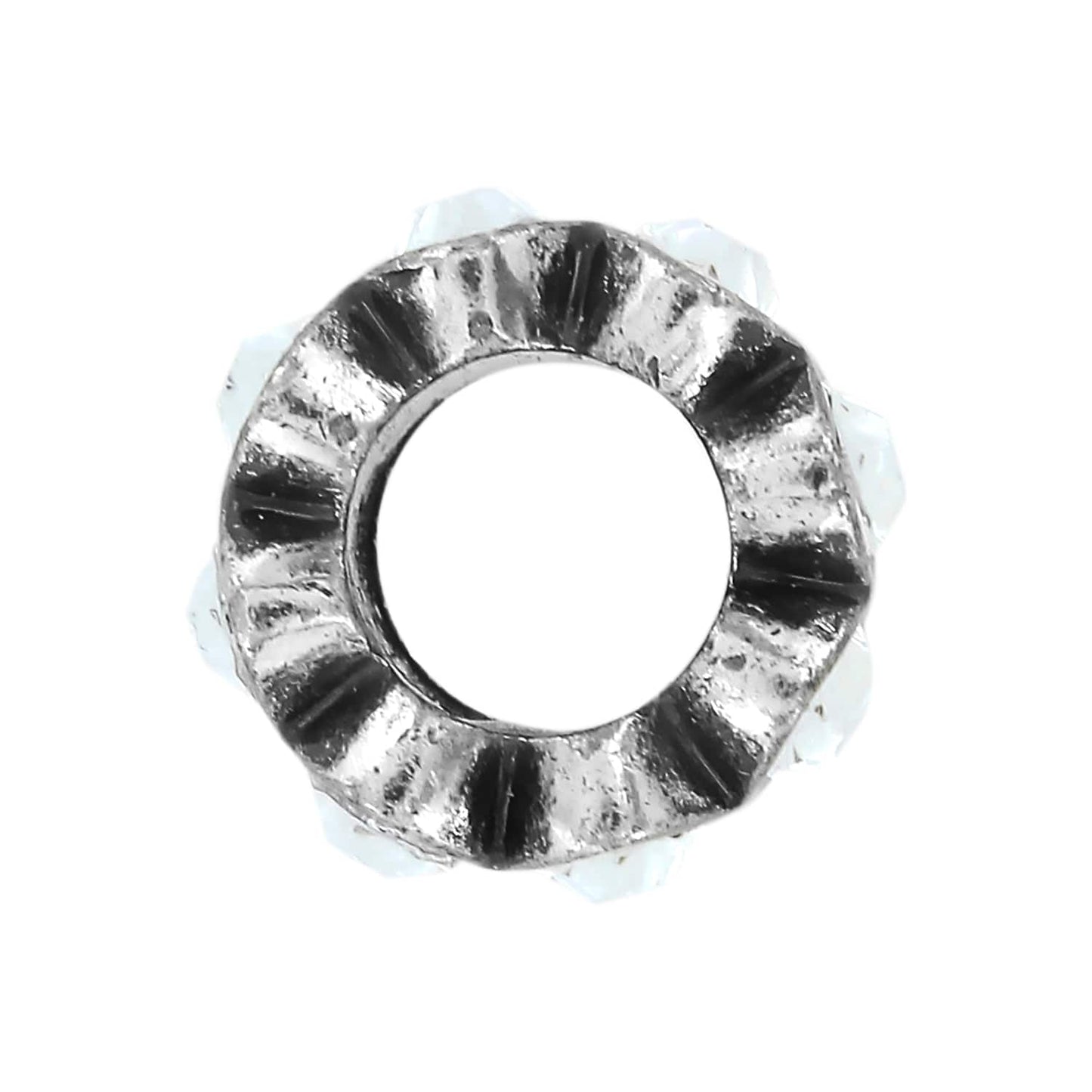 Close-up of Brighton silver-plated bead component with ridged textured ring and faceted crystal accents around the edge