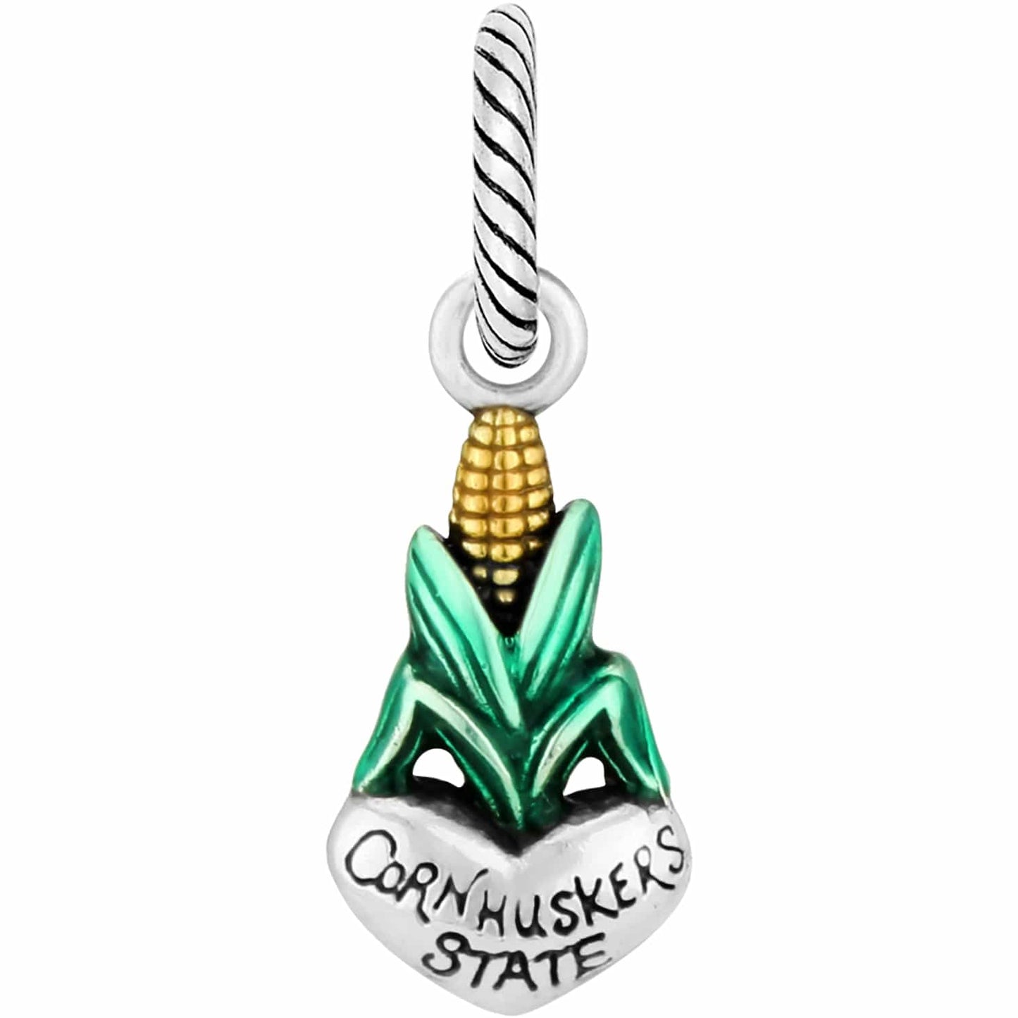 Brighton corn charm with green husk, gold-tone cob, and silver Cornhuskers State heart detail on a white background