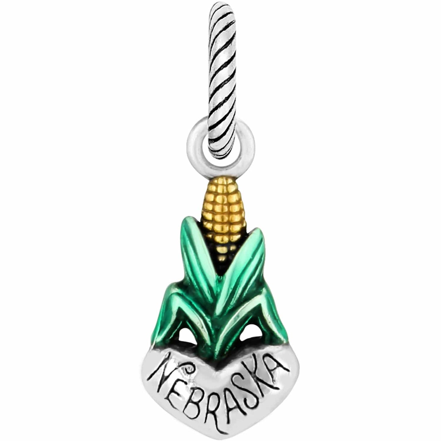 Brighton Nebraska charm with gold corn cob, green husk leaves, and silver-tone heart base on a white background