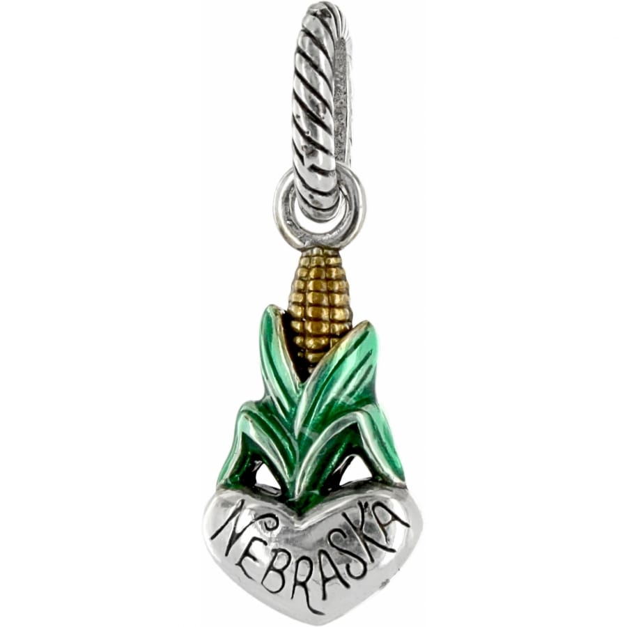 Brighton Nebraska corn charm with green enamel husk, gold-tone kernels, and silver-tone heart base on a white background