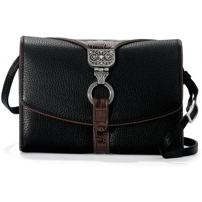 Brighton handbag in black pebbled leather with brown croc-embossed trim, silver-tone medallion buckle, and shoulder strap on a white background