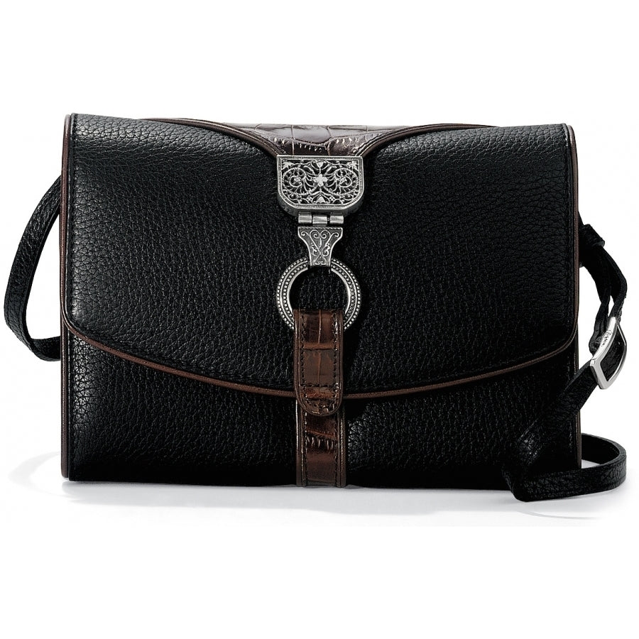 Brighton handbag in black pebbled leather with brown croc-embossed trim, silver-tone medallion buckle, and shoulder strap on a white background