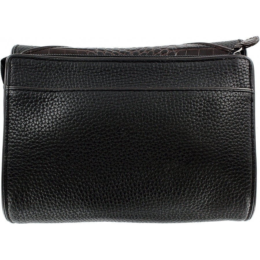Brighton handbag shown from the back with black pebbled leather and brown croc-embossed trim on a white background