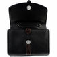Brighton black leather handbag shown open with interior view, croc-embossed strap, and silver-tone snap closures on a white background