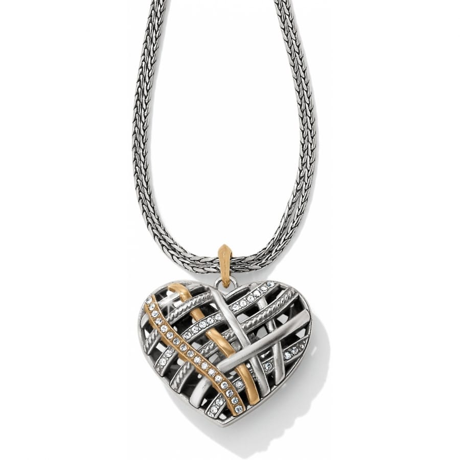 Brighton pendant necklace with silver-plated woven heart, gold-tone accents, and crystal details on a white background