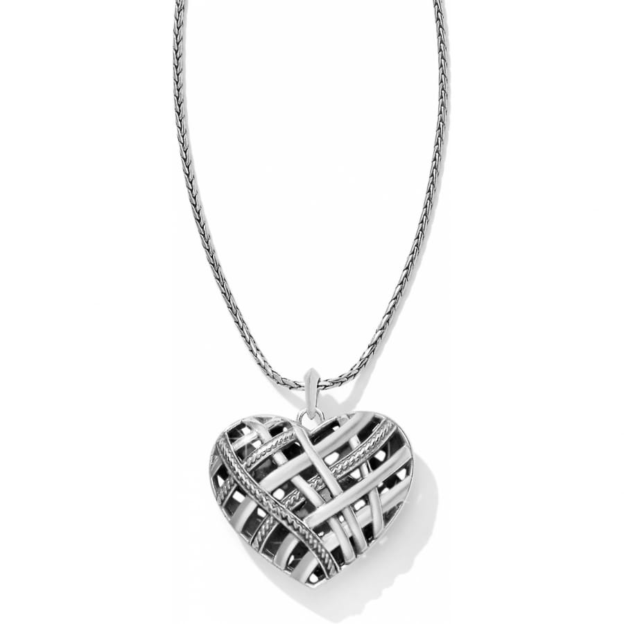 Brighton pendant necklace with silver-plated woven heart charm on a rope chain on a white background