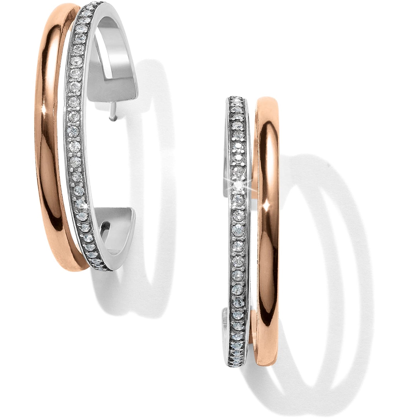 Brighton hoop earrings with silver-plated crystal-lined band and light rose gold-plated outer hoop on a white background