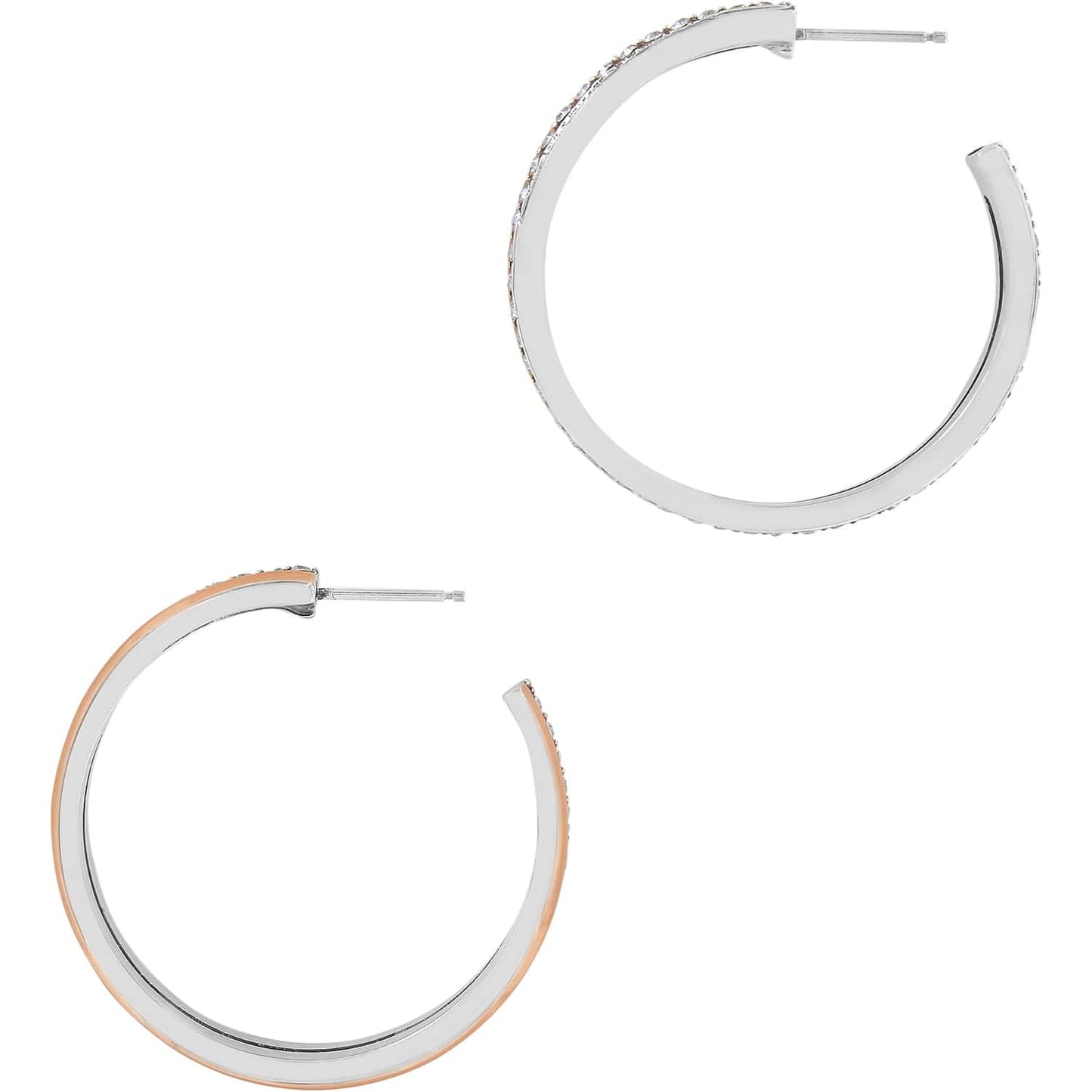Brighton hoop earrings with silver-plated and light rose gold-plated finish accented with crystal pavé on a white background