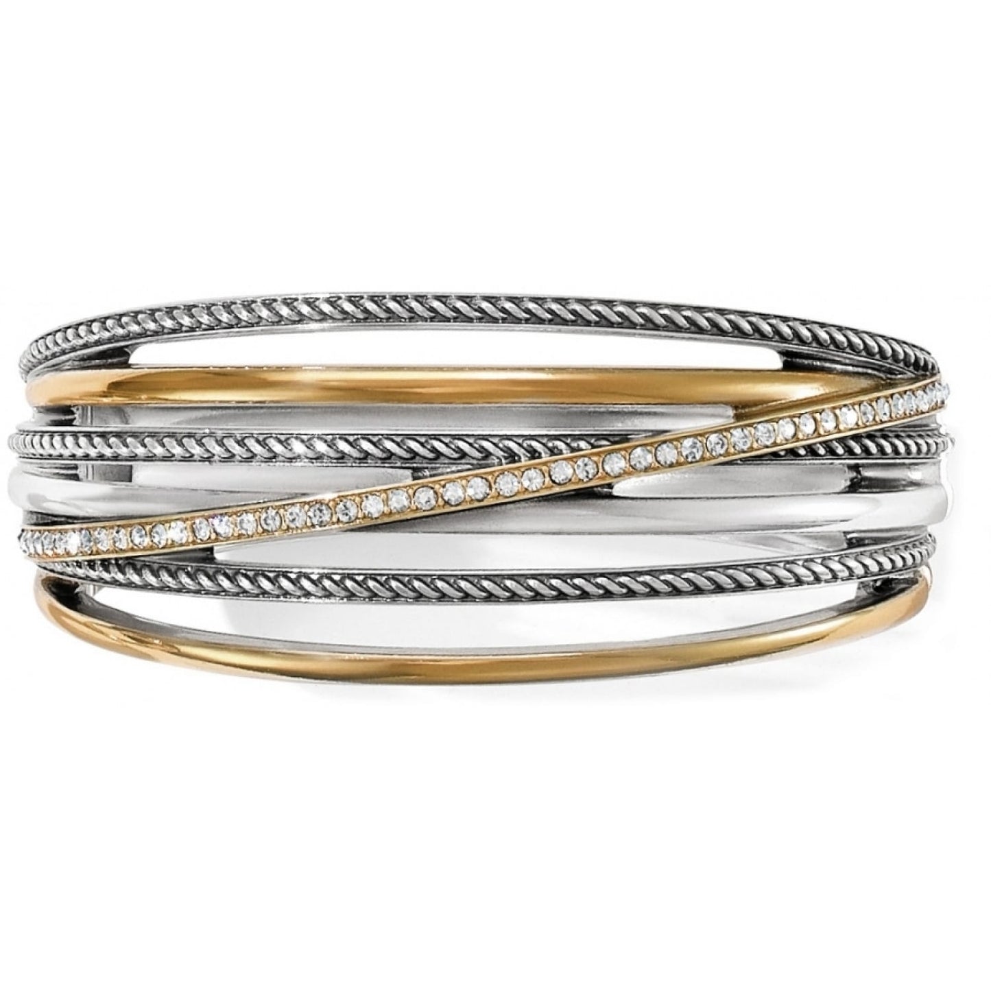Brighton multi-band bangle bracelet with silver-plated and gold-plated twisted layers accented by crystals on a white background
