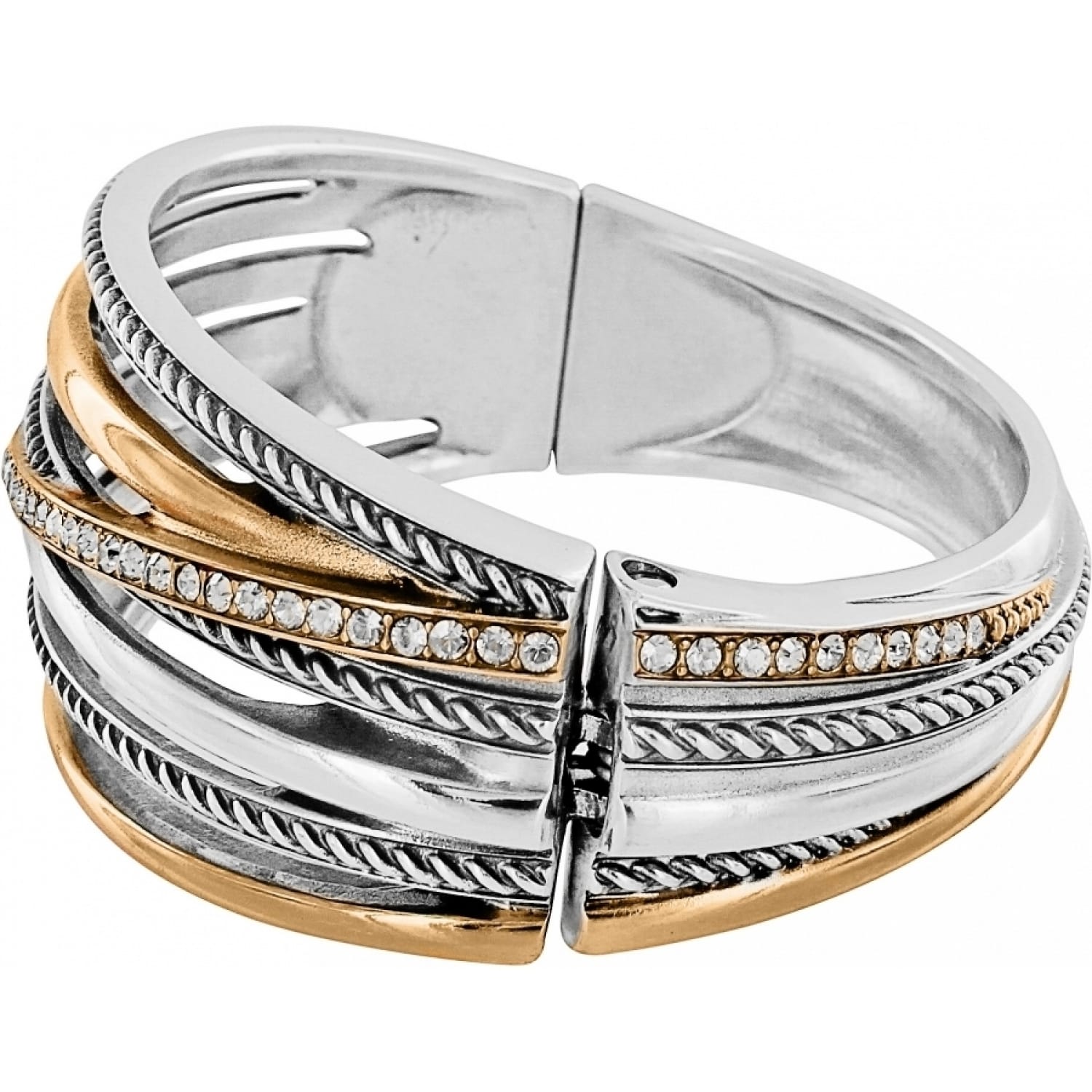 Brighton hinged bangle bracelet with silver-plated and gold-plated twisted rope bands and crystal accents on a white background