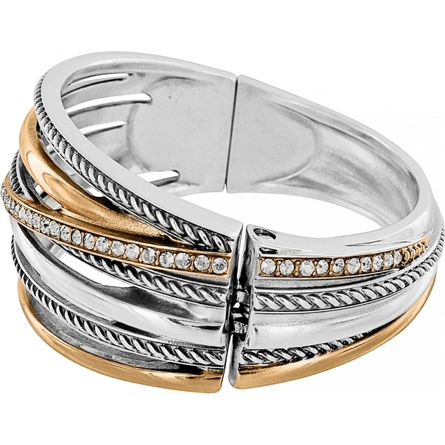 Brighton hinged bangle bracelet with silver-plated and gold-plated twisted rope bands and crystal accents on a white background