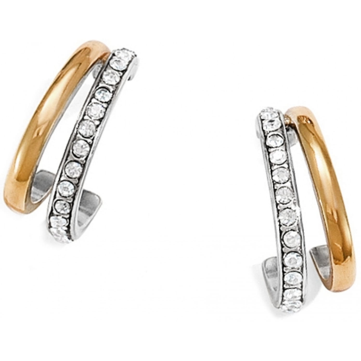 Brighton hoop earrings with gold-tone band and silver-plated crystal-lined band in double-row design on a white background