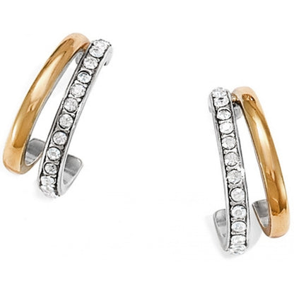 Brighton hoop earrings with gold-tone band and silver-plated crystal-lined band in double-row design on a white background