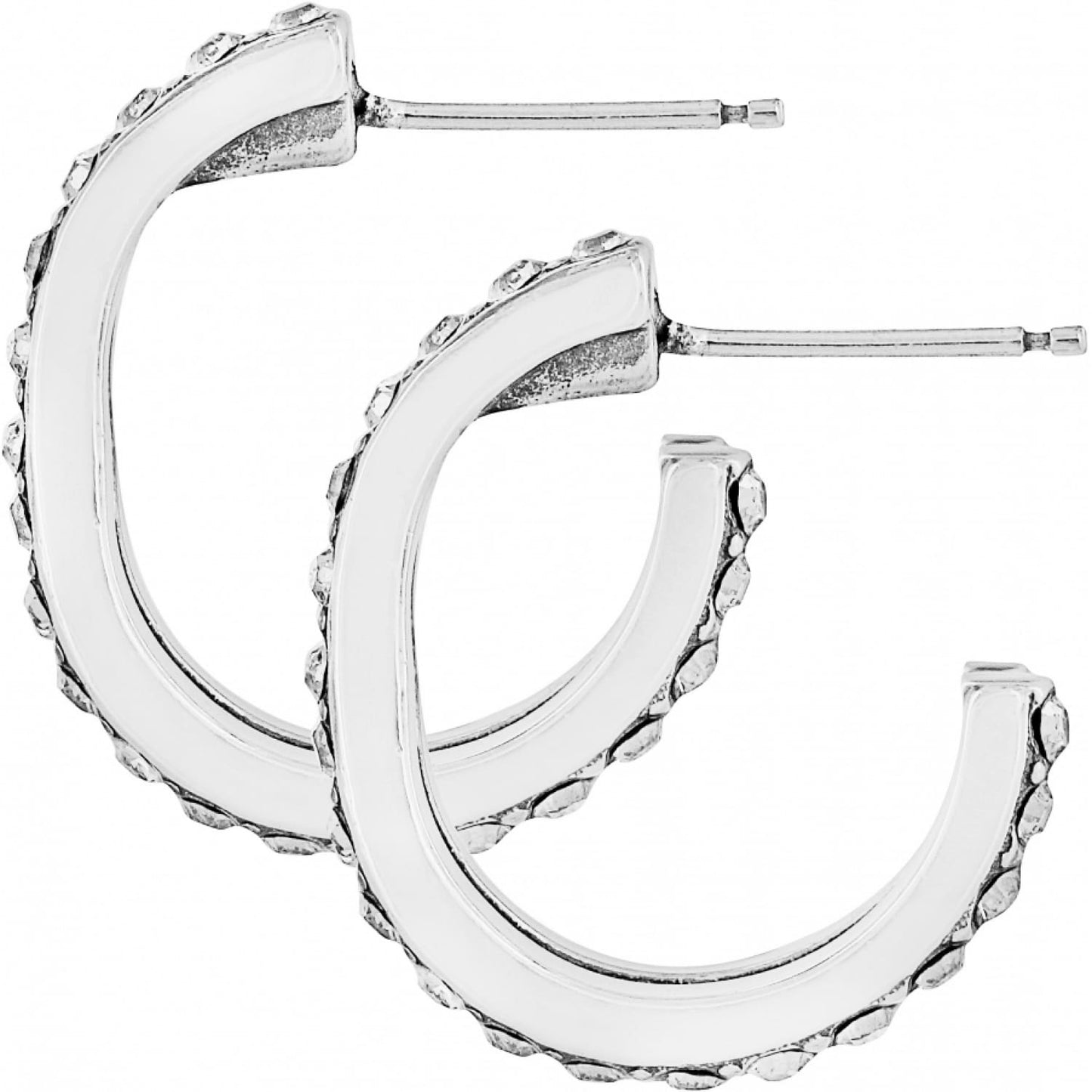Brighton silver-plated hoop earrings with crystal-embellished outer edges and smooth polished bands on a white background