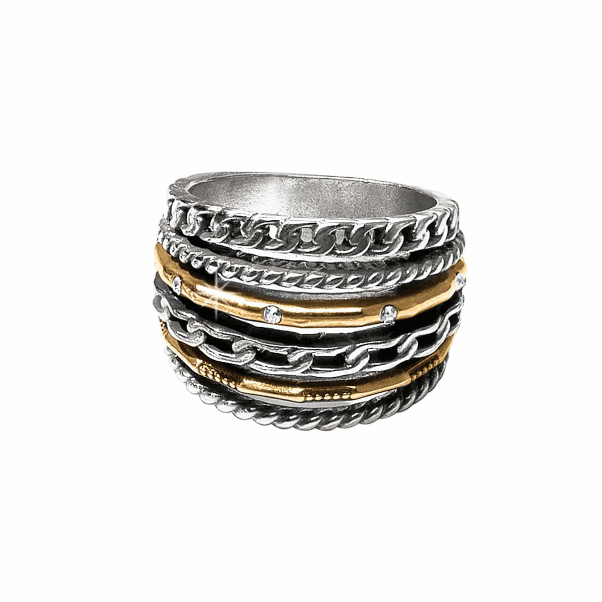 Brighton ring with stacked two-tone silver and gold bands featuring chain, rope, and crystal accents on a white background