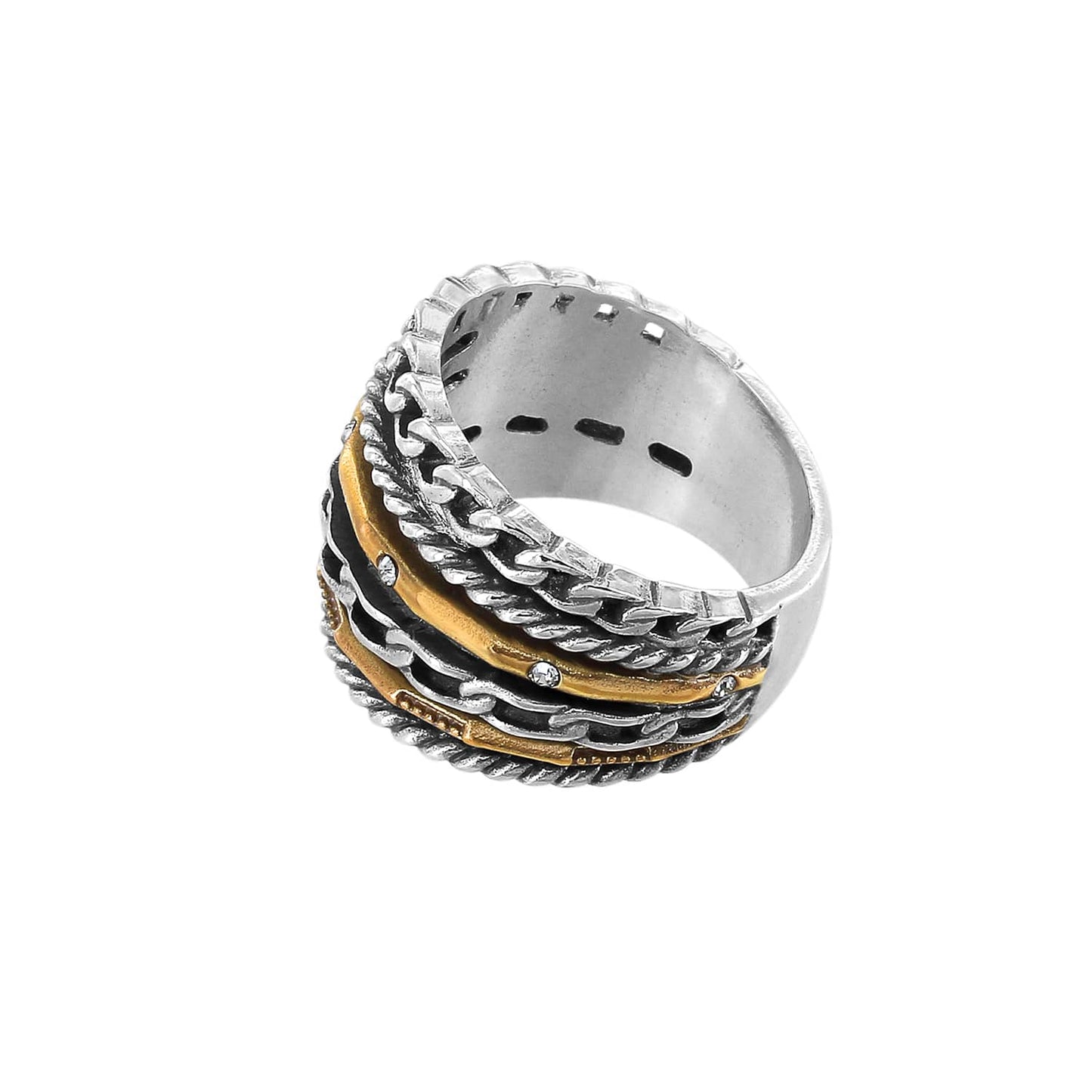 Brighton ring with stacked silver-tone rope and chain bands accented by gold-tone stripes with crystals on a white background