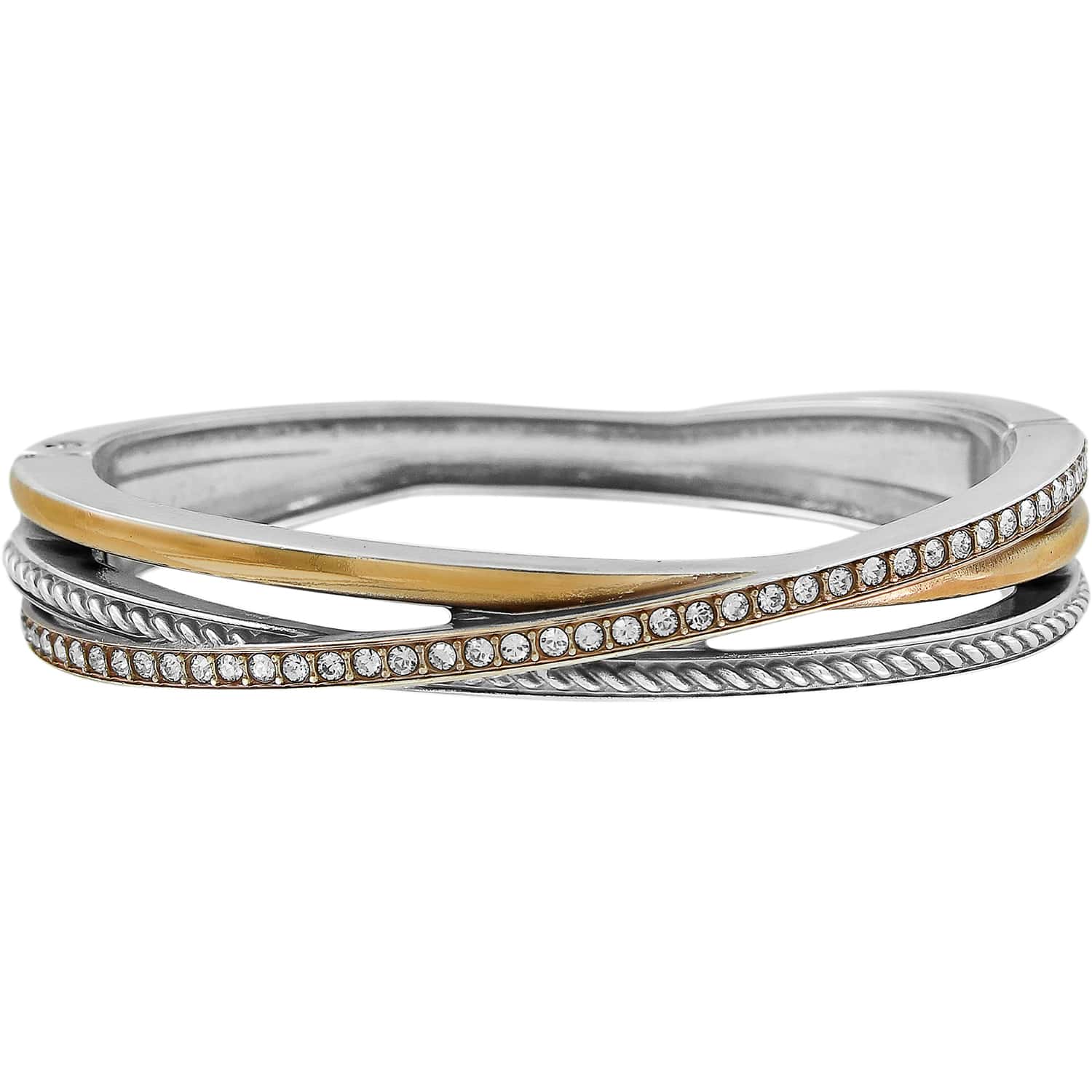 Brighton bangle bracelet with two-tone silver and gold interlocking bands, crystal accents, and rope texture on a white background