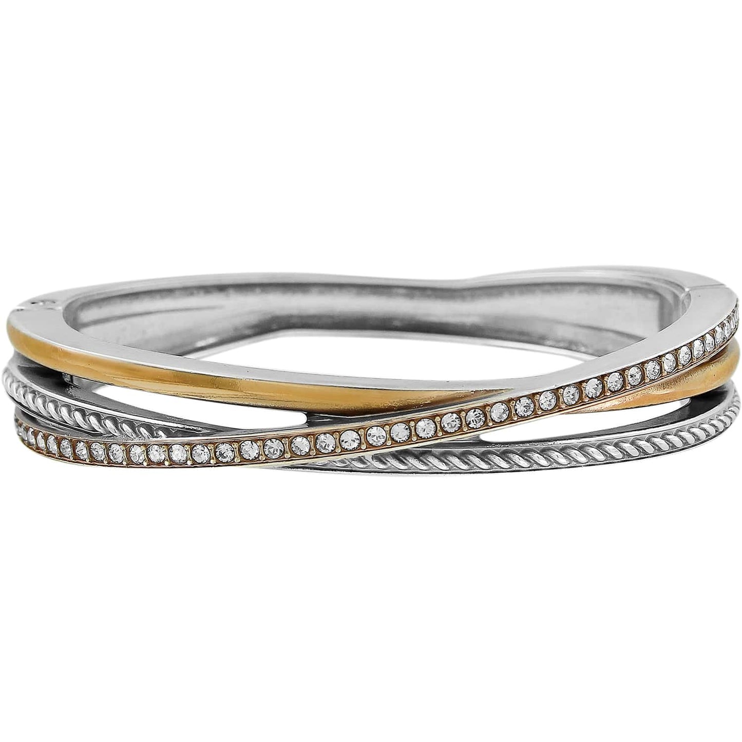 Brighton bangle bracelet with two-tone silver and gold interlocking bands, crystal accents, and rope texture on a white background
