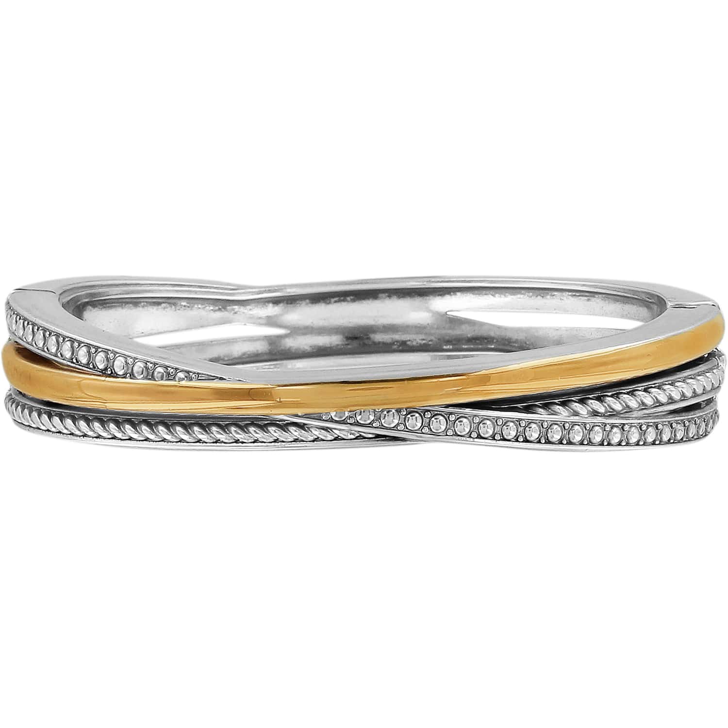 Brighton hinged bangle bracelet with two-tone silver and gold crossover bands and rope detailing on a white background