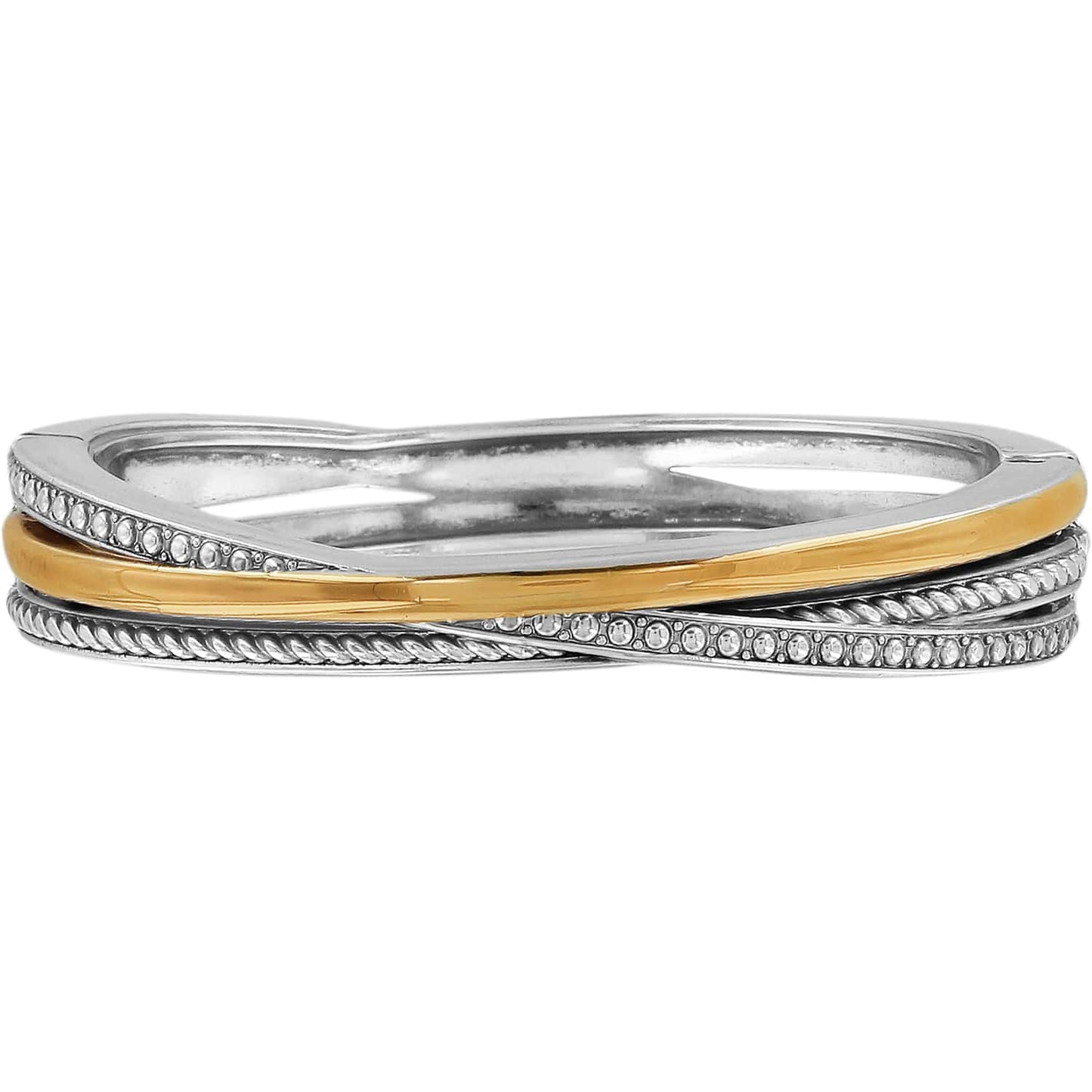 Brighton hinged bangle bracelet with two-tone silver and gold crossover bands and rope detailing on a white background