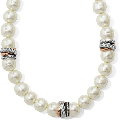 Brighton necklace with handmade Japanese pearls, silver-plated and light rose gold-plated crystal accent rondelles on a white background