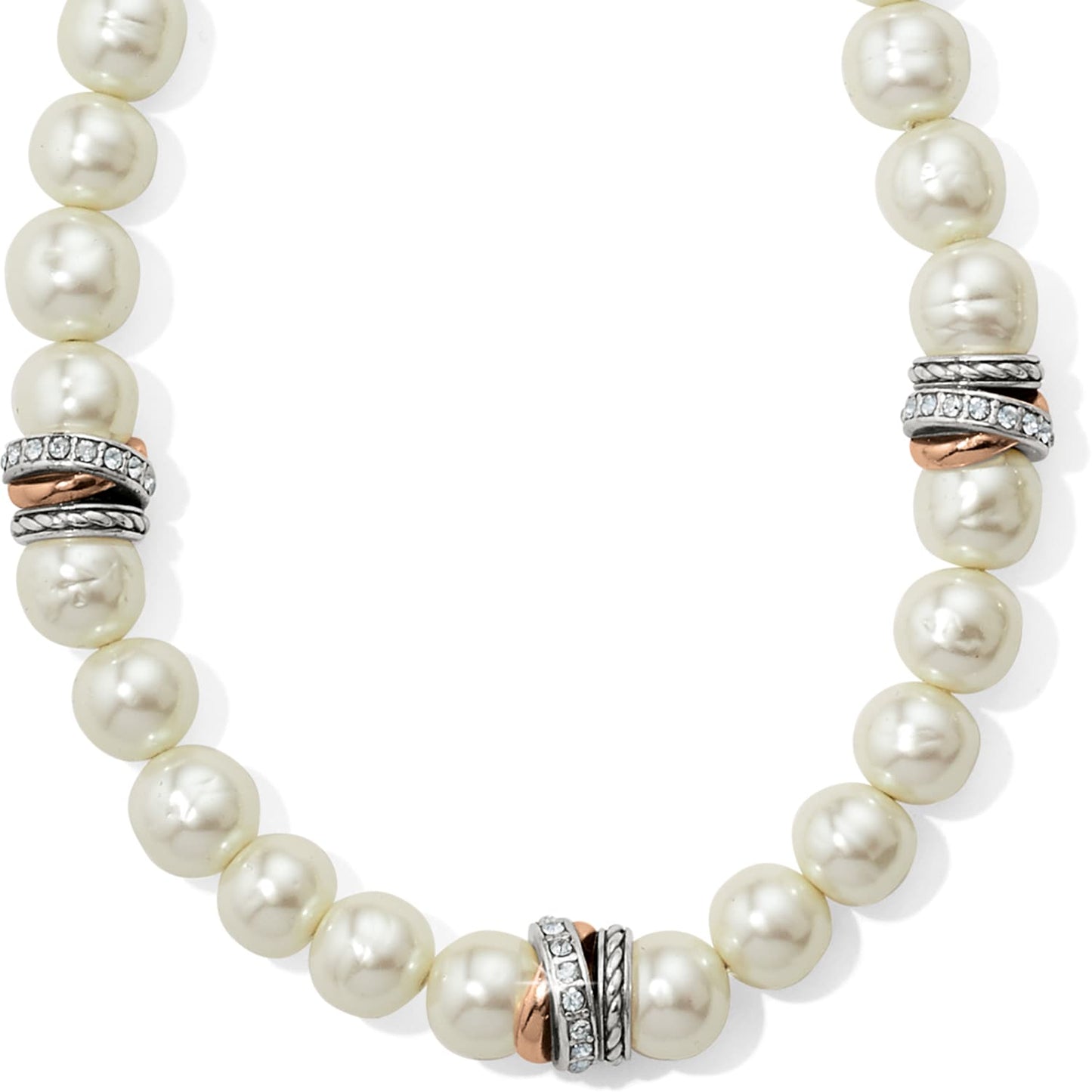 Brighton necklace with handmade Japanese pearls, silver-plated and light rose gold-plated crystal accent rondelles on a white background