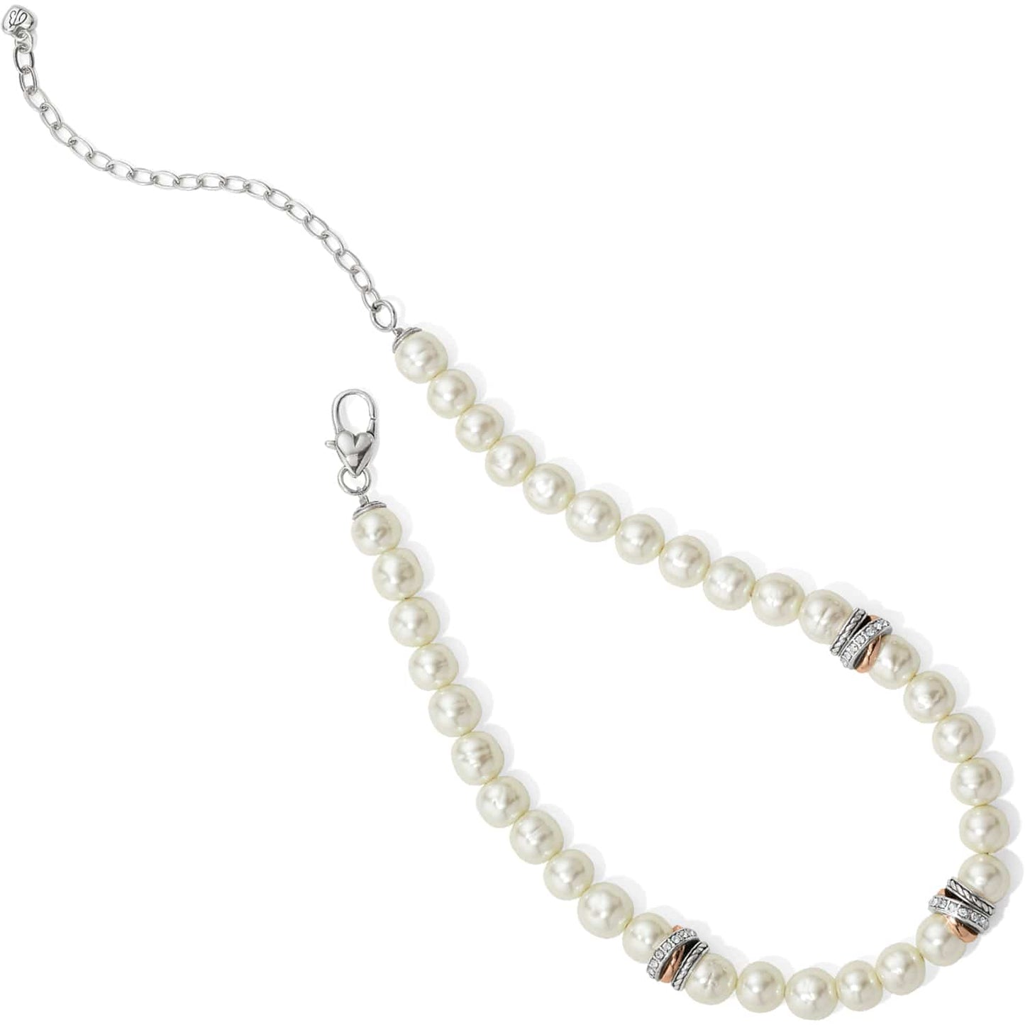 Brighton pearl necklace with Japanese pearls, silver-plated clasp, and rose gold plated crystal rondelles on a white background