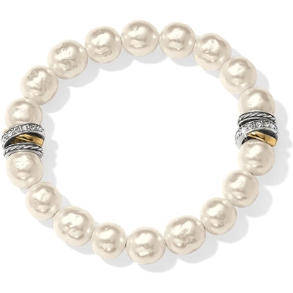 Brighton beaded stretch bracelet with white pearls and silver-plated crystal accent rings with gold-tone detail on a white background