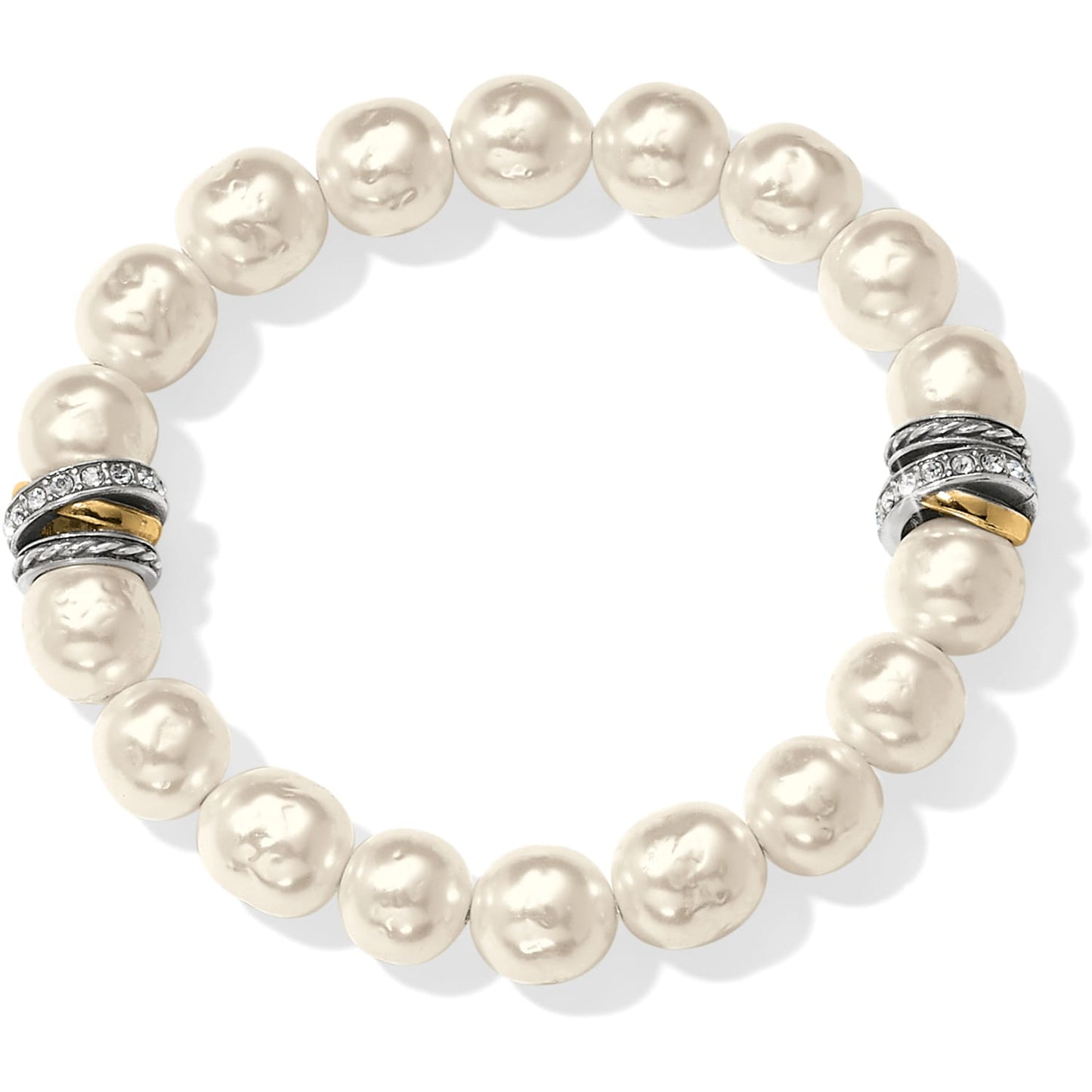 Brighton beaded stretch bracelet with white pearls and silver-plated crystal accent rings with gold-tone detail on a white background