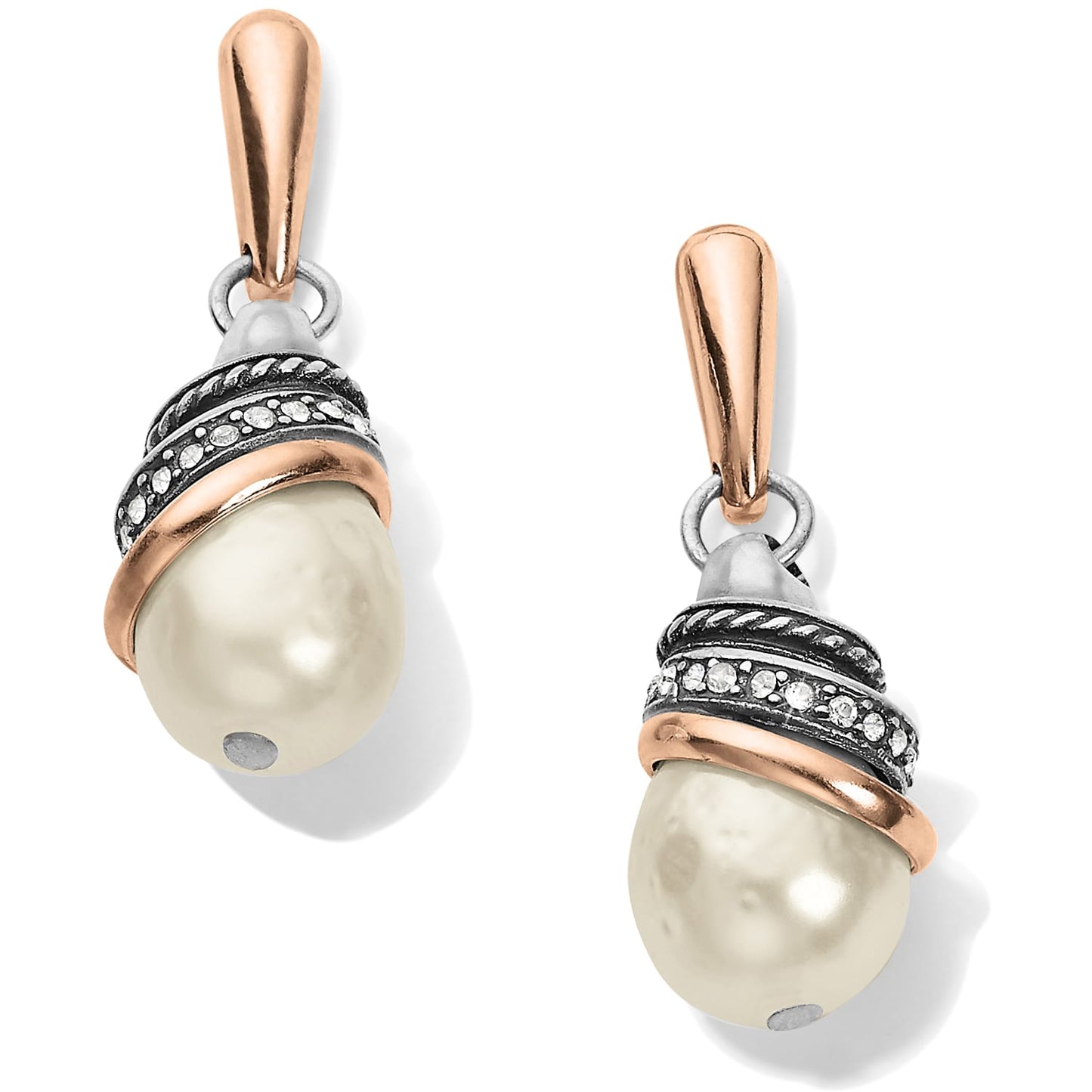 Brighton drop earrings with pearls, silver-plated and light rose gold-plated accents, and crystal details on a white background