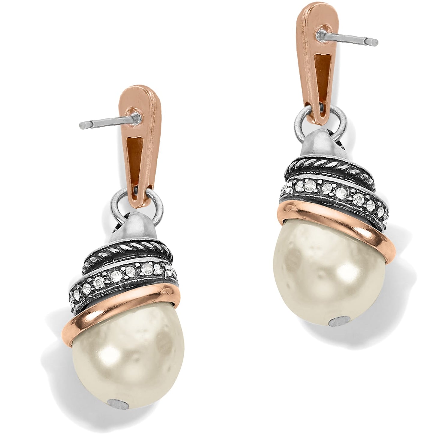 Brighton drop earrings with pearls, silver-plated and light rose gold-plated accents, and crystal bands on a white background