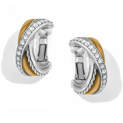 Brighton hoop earrings with two-tone silver and gold bands accented by crystal pavé row on a white background