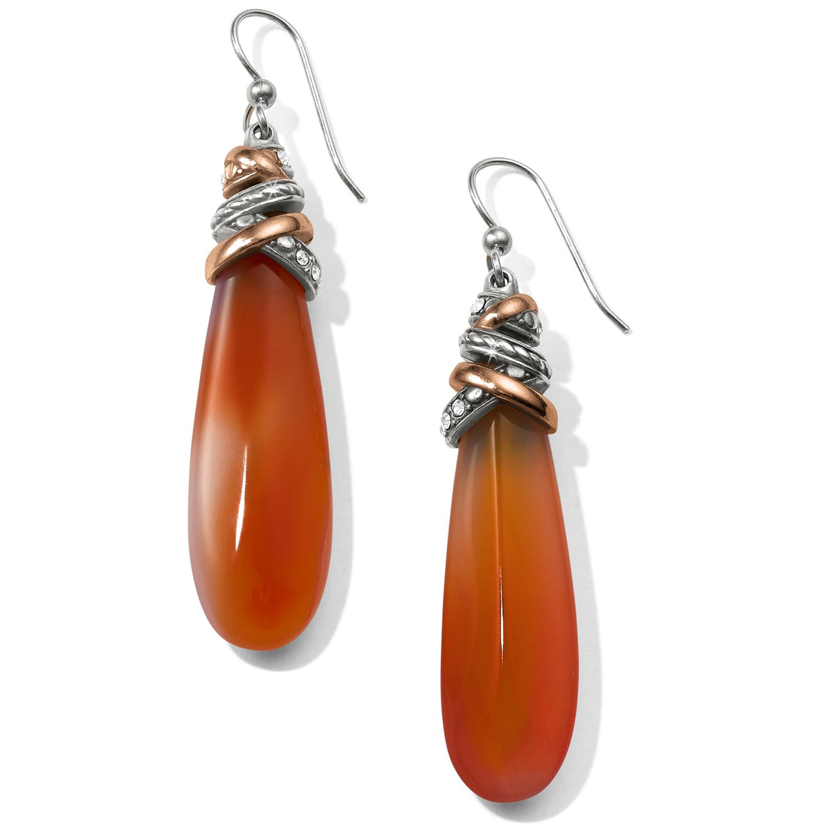 Brighton drop earrings with orange teardrop stones, silver-plated and light rose gold wrapped accents on a white background