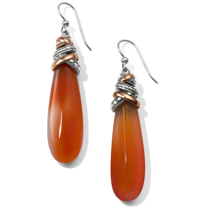 Brighton drop earrings with orange teardrop stones, silver-plated and light rose gold wrapped accents on a white background