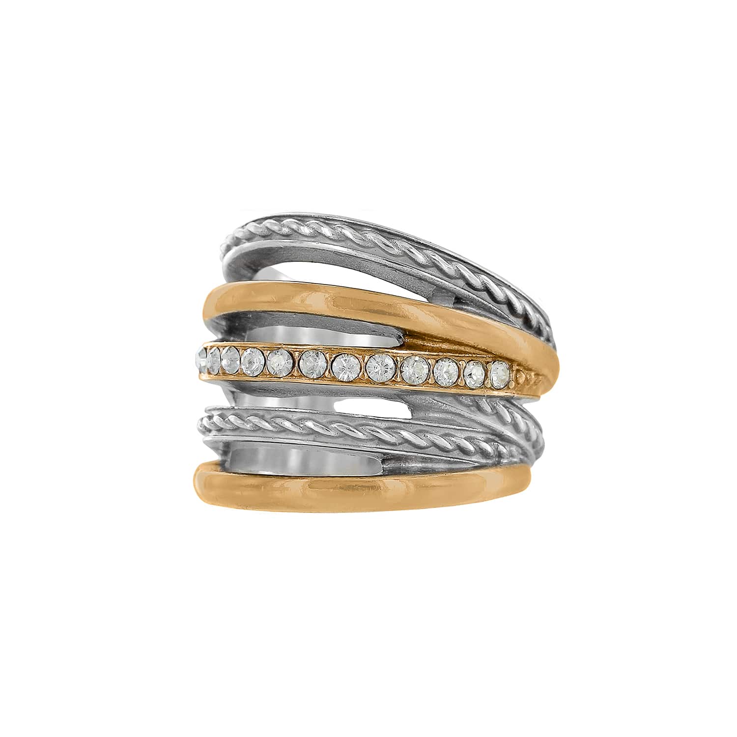 Brighton multi-band ring with silver-plated rope textures, gold-plated bands, and a crystal-lined row on a white background
