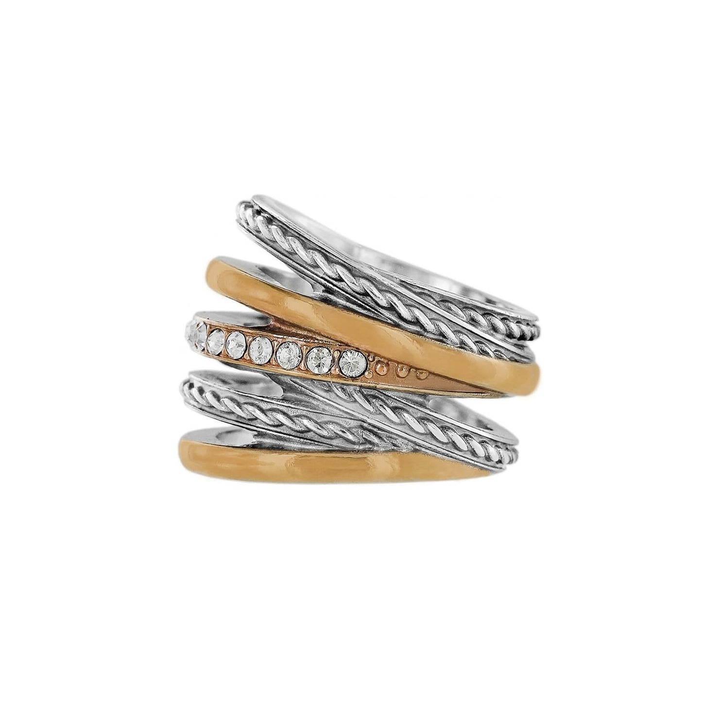 Brighton stacked band ring with silver-plated rope textures, gold-plated bands, and crystal accents on a white background