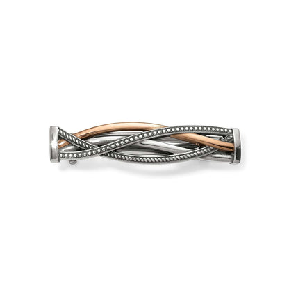 Brighton hinged bangle bracelet with silver-plated braided design and light rose gold-plated accent on a white background