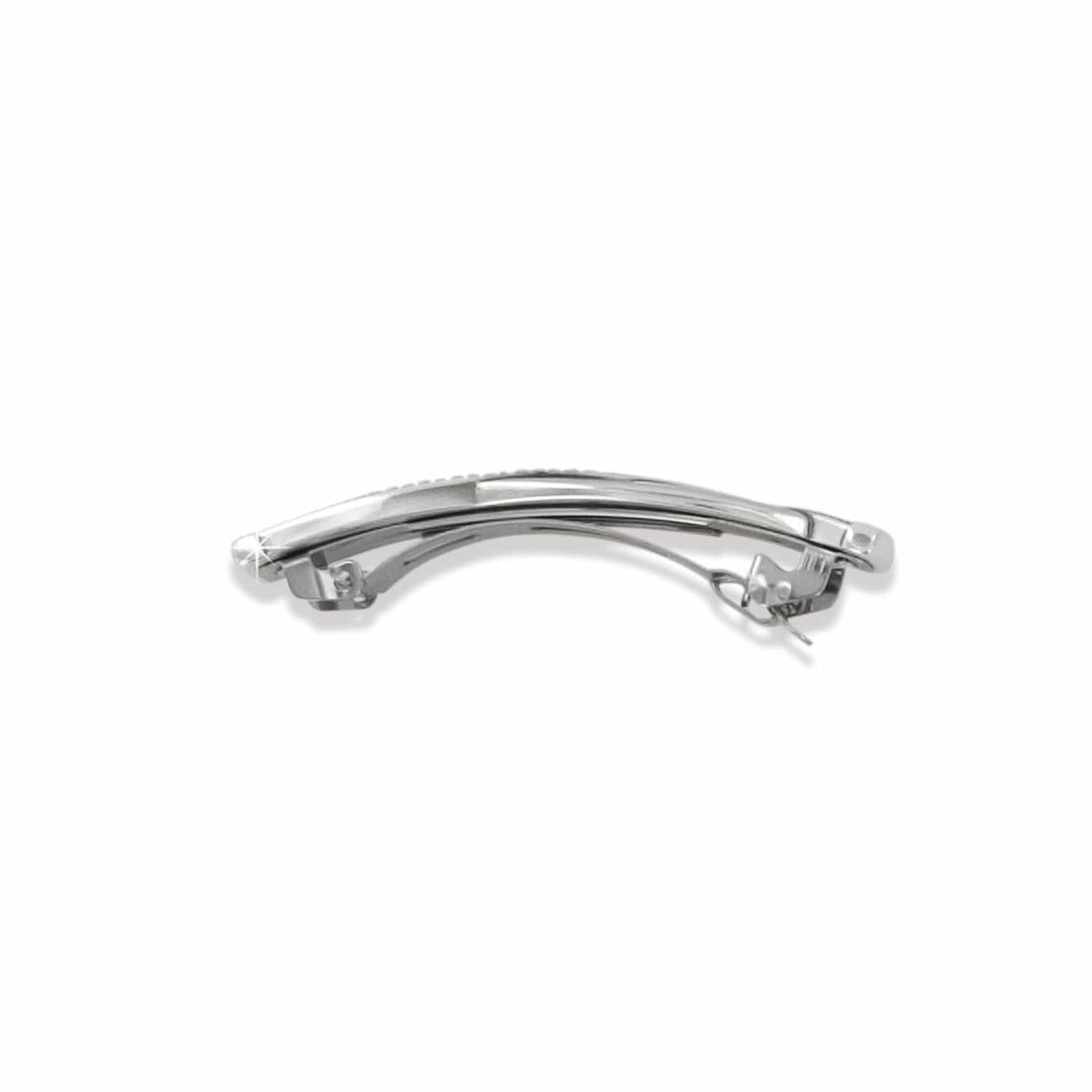 Brighton hair barrette with curved silver-plated finish and hinged clasp mechanism shown from the side on a white background