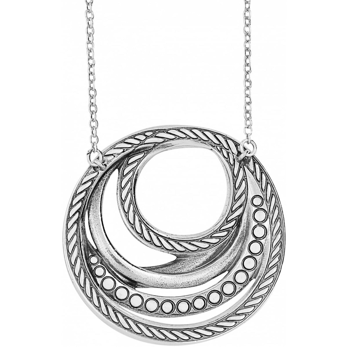 Brighton pendant necklace with concentric silver-plated circles featuring rope, bead, and braided textures on a white background
