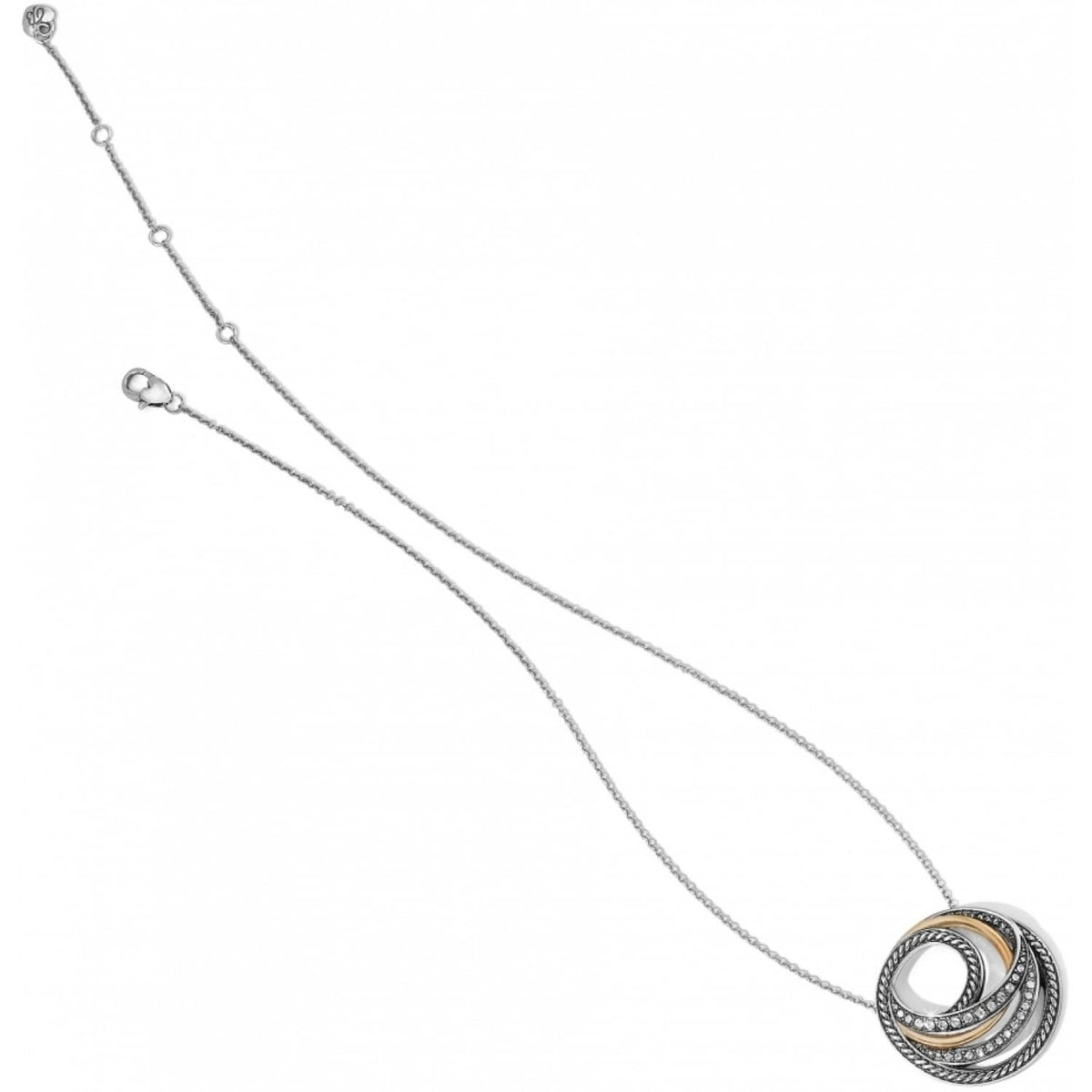 Brighton pendant necklace with silver-plated interlocking rings, crystal accents, and gold-tone detail on a white background