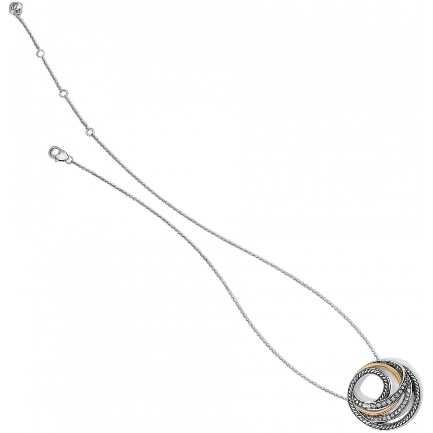 Brighton pendant necklace with silver-plated interlocking rings, crystal accents, and gold-tone detail on a white background