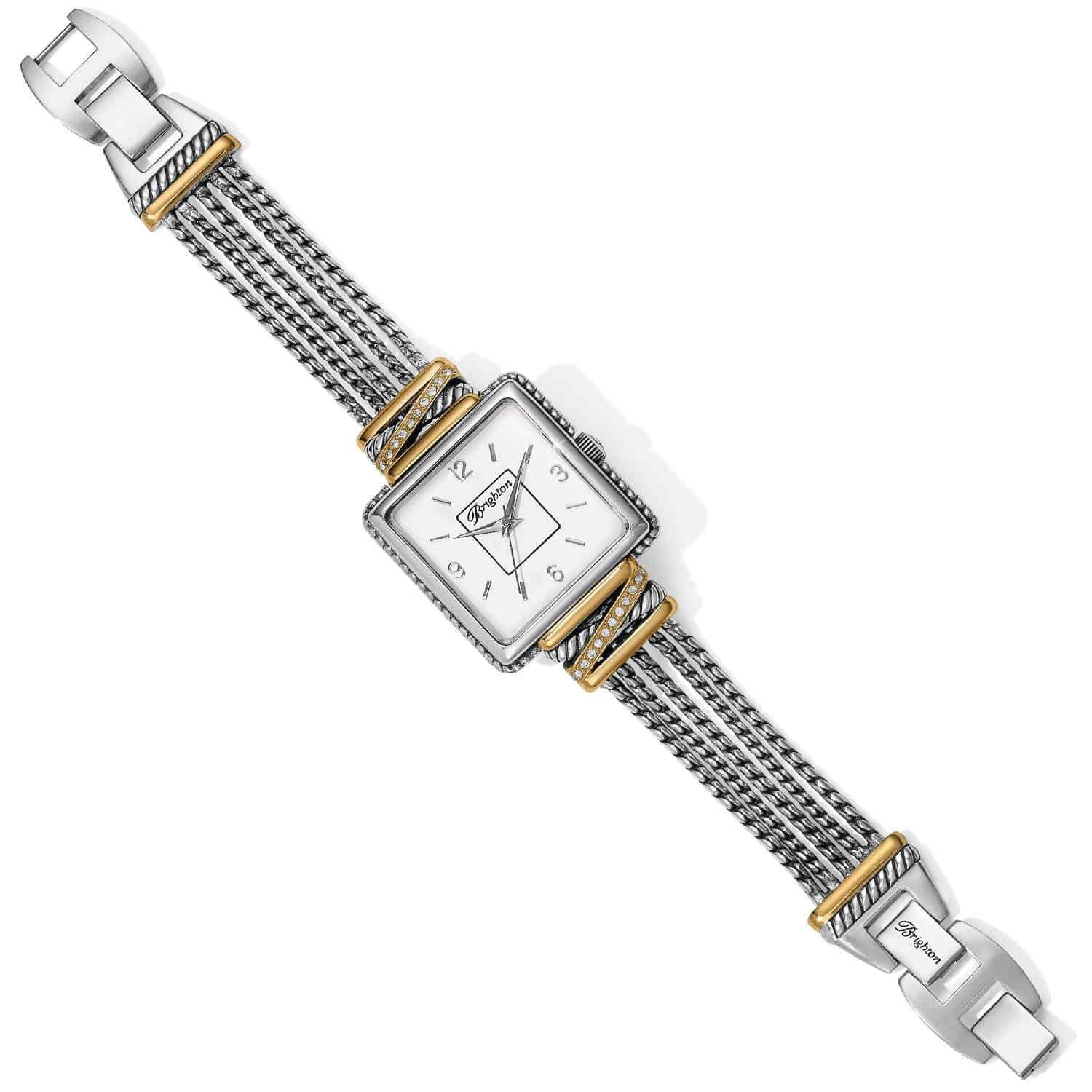 Brighton two-tone watch with square silver dial, gold crystal accents, and multi-strand rope band on a white background