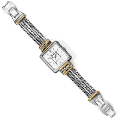 Brighton two-tone watch with square silver dial, gold crystal accents, and multi-strand rope band on a white background